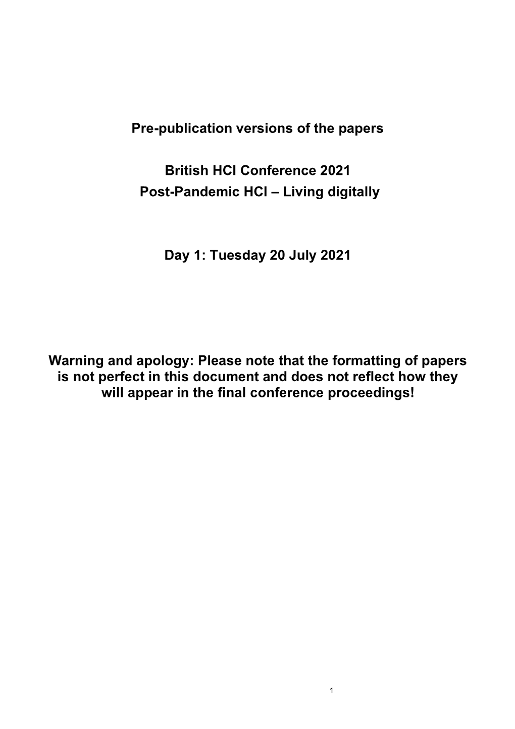 Pre-Publication Versions of the Papers British HCI Conference 2021 Post