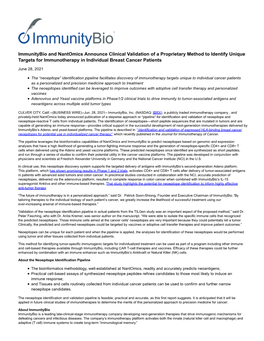 Immunitybio and Nantomics Announce Clinical Validation of a Proprietary Method to Identify Unique Targets for Immunotherapy in Individual Breast Cancer Patients