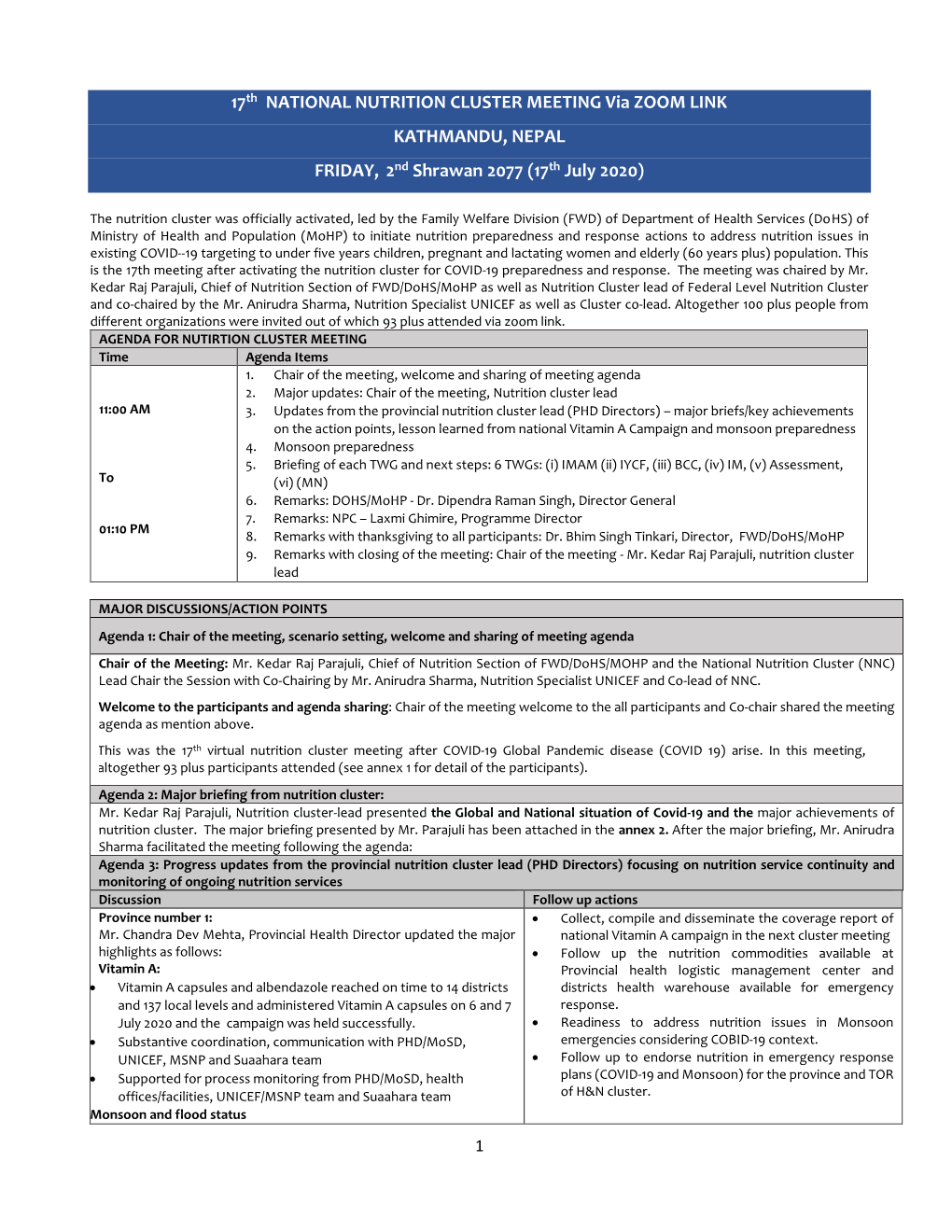 17Th NATIONAL NUTRITION CLUSTER MEETING Via ZOOM LINK KATHMANDU, NEPAL FRIDAY, 2Nd Shrawan 2077 (17Th July 2020)