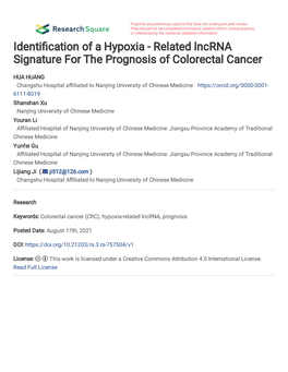 Identification of a Hypoxia-Related Lncrna Signature for the Prognosis of Colorectal Cancer