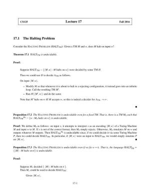 Lecture 17 17.1 the Halting Problem