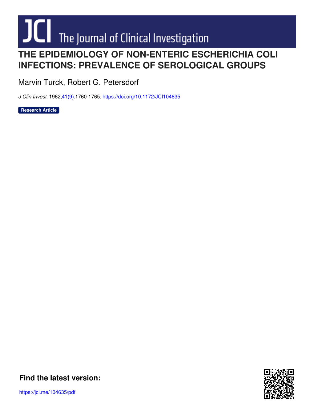 The Epidemiology of Non-Enteric Escherichia Coli Infections: Prevalence of Serological Groups