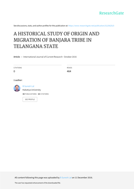 A Historical Study of Origin and Migration of Banjara Tribe in Telangana State