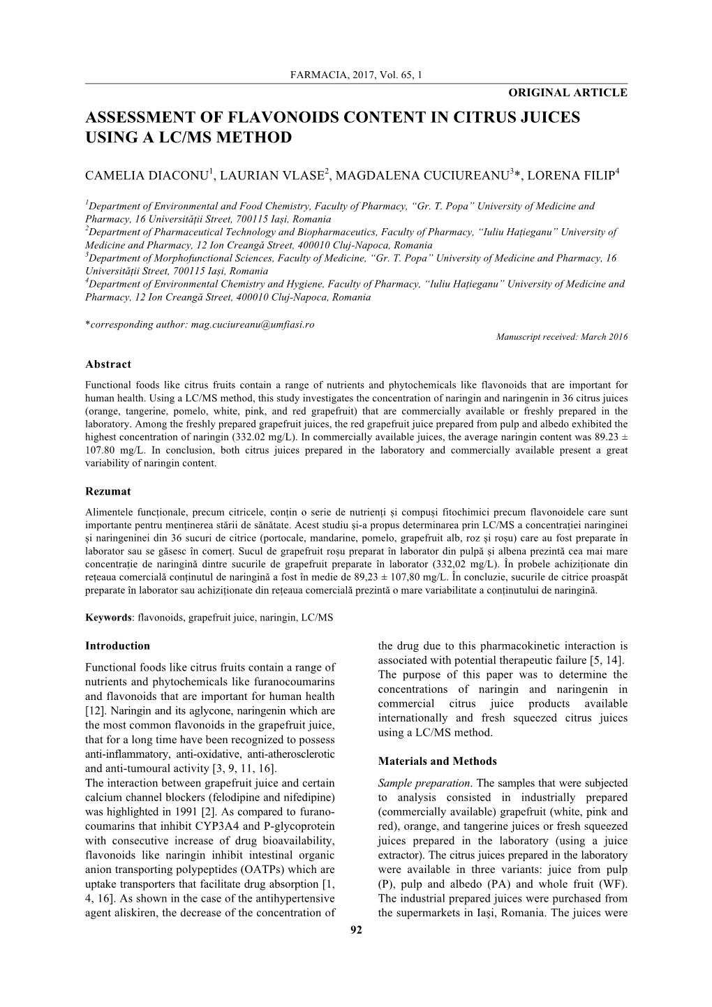 Assessment of Flavonoids Content in Citrus Juices Using a Lc/Ms Method