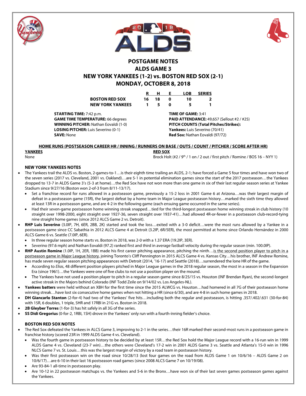 Postgame Notes Alds Game 3 New York
