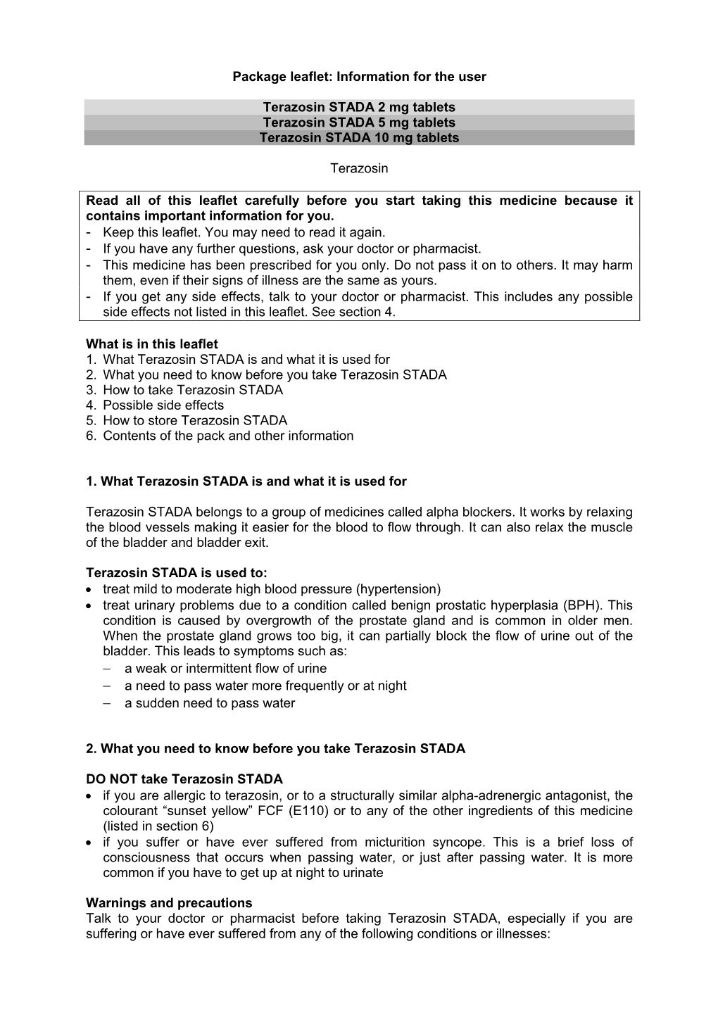 Package Leaflet: Information for the User Terazosin STADA 2 Mg Tablets