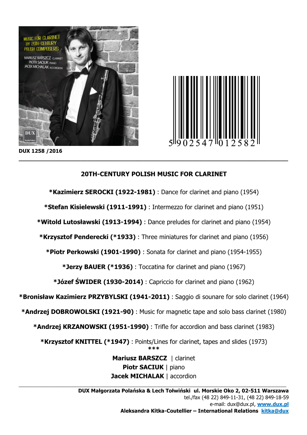 20TH-CENTURY POLISH MUSIC for CLARINET *Kazimierz SEROCKI (1922-1981) : Dance for Clarinet and Piano (1954) *Stefan Kisielewski