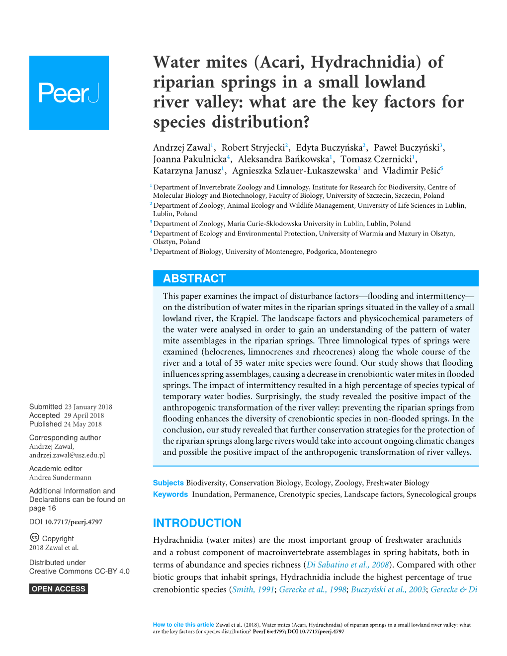 Water Mites (Acari, Hydrachnidia) of Riparian Springs in a Small Lowland River Valley: What Are the Key Factors for Species Distribution?