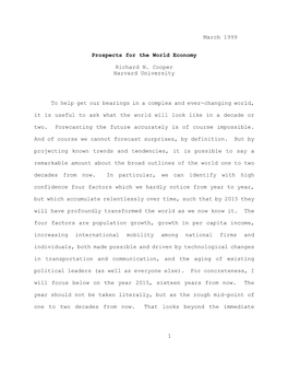 1 March 1999 Prospects for the World Economy Richard N. Cooper