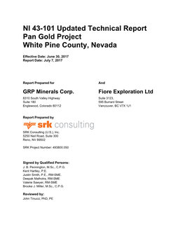 NI 43-101 Updated Technical Report Pan Gold Project White Pine County, Nevada