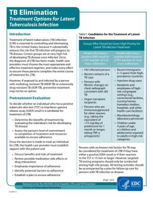 TB Elimination. Treatment Options for Latent TB Infection