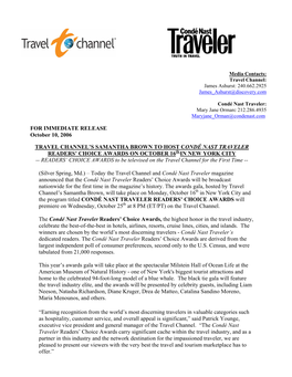 FOR IMMEDIATE RELEASE October 10, 2006 TRAVEL CHANNEL's