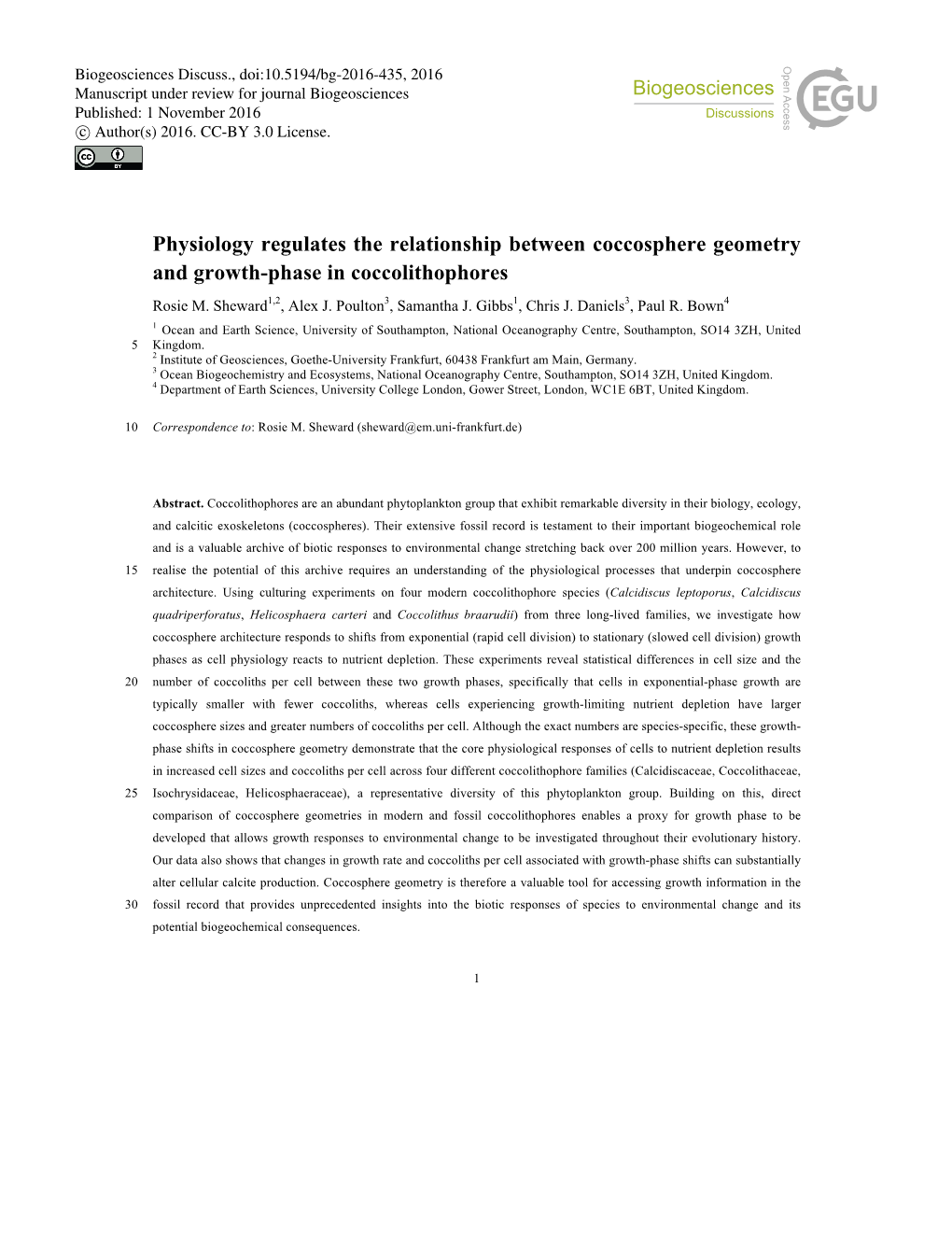 Physiology Regulates the Relationship Between Coccosphere Geometry and Growth-Phase in Coccolithophores Rosie M