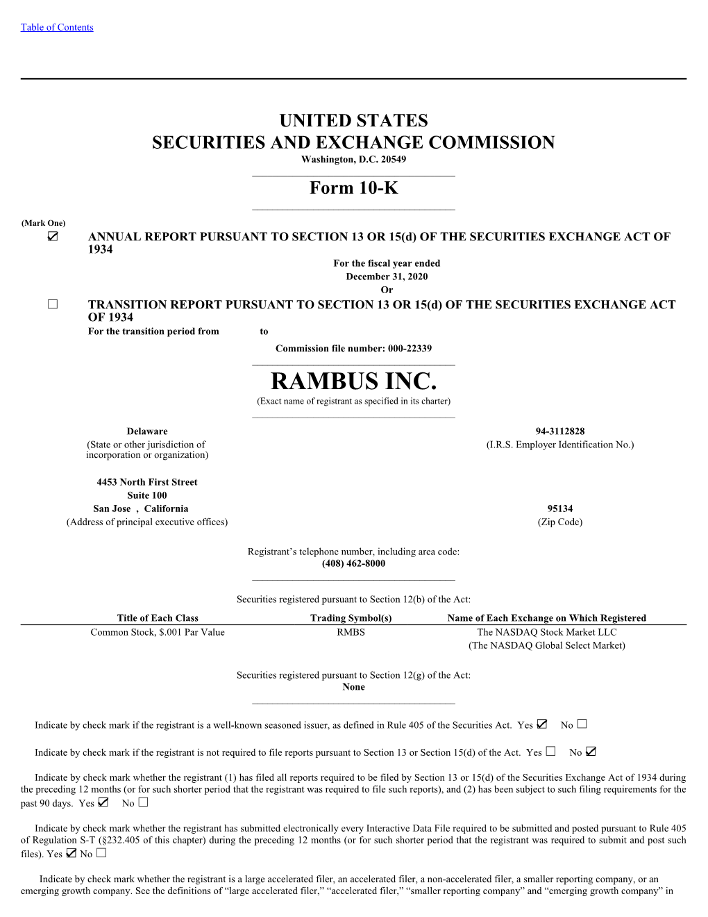RAMBUS INC. (Exact Name of Registrant As Specified in Its Charter) ______Delaware 94-3112828 (State Or Other Jurisdiction of (I.R.S