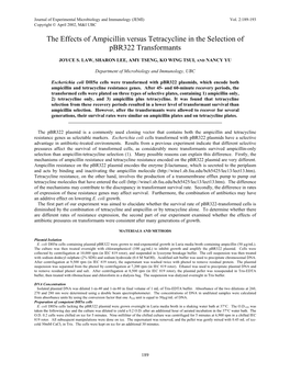 Ampicillin Versus Tetracycline in the Selection of Pbr322 Transformants