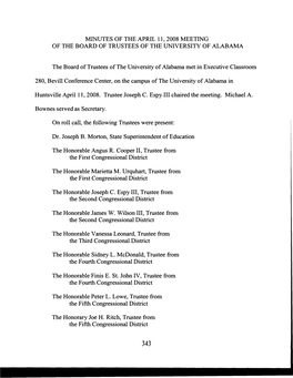 Minutes of the April 11, 2008 Meeting of the Board of Trustees of the University of Alabama