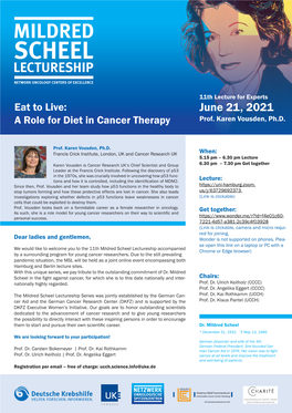 June 21, 2021 a Role for Diet in Cancer Therapy Prof