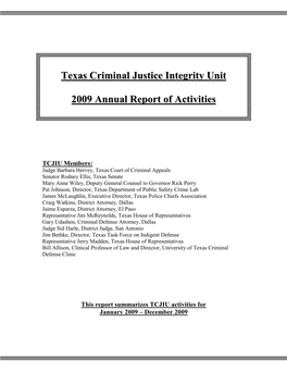 Texas Criminal Justice Integrity Unit 2009 Annual Report of Activities