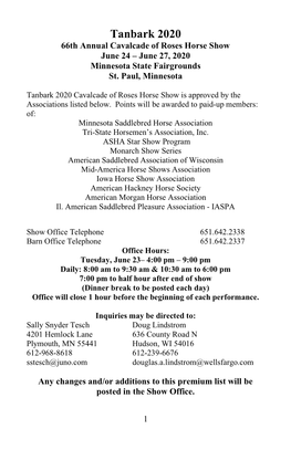 Tanbark 2020 66Th Annual Cavalcade of Roses Horse Show June 24 – June 27, 2020 Minnesota State Fairgrounds St