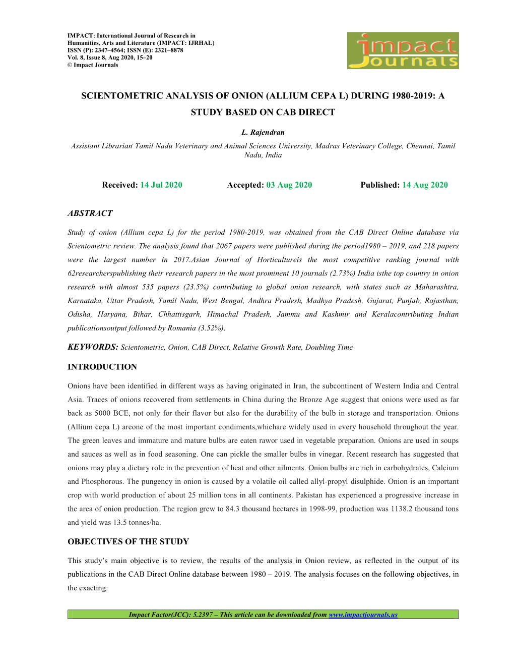 Scientometric Analysis of Onion (Allium Cepa L) During 1980-2019: a Study Based on Cab Direct