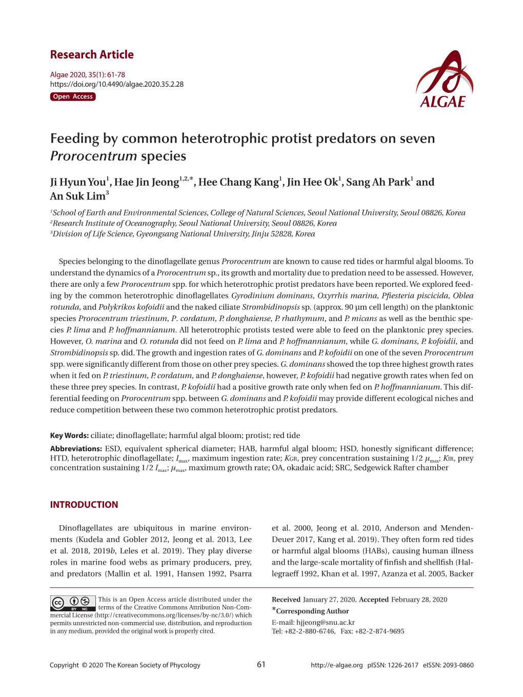 Feeding by Common Heterotrophic Protist Predators on Seven Prorocentrum Species