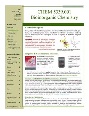 CHEM 5339.001 Bioinorganic Chemistry