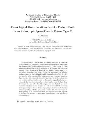 Cosmological Exact Solutions Set of a Perfect Fluid in an Anisotropic Space-Time in Petrov Type D