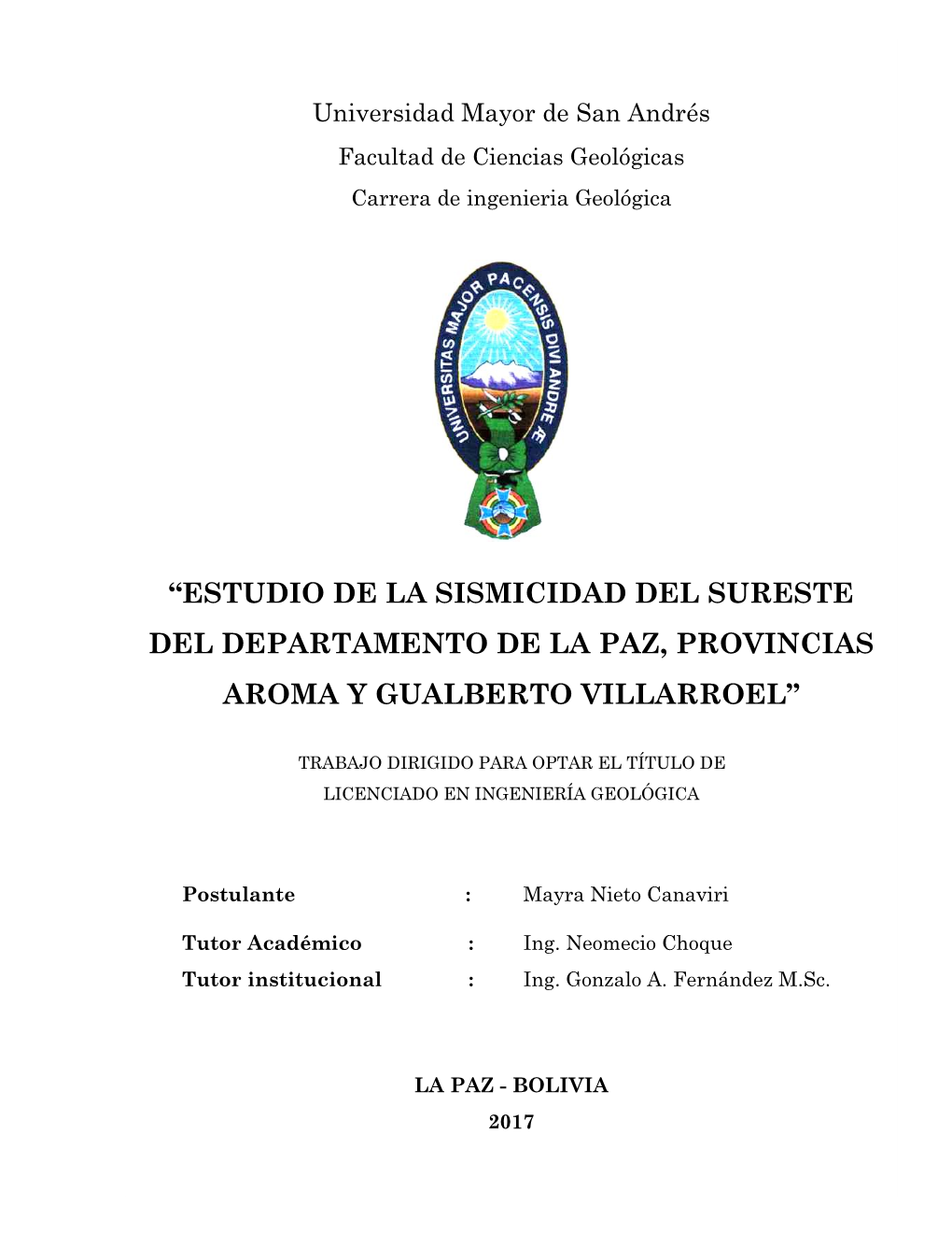 “Estudio De La Sismicidad Del Sureste Del Departamento De La Paz, Provincias Aroma Y Gualberto Villarroel”