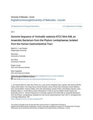 Genome Sequence of Victivallis Vadensis ATCC BAA-548, an Anaerobic Bacterium from the Phylum Lentisphaerae, Isolated from the Human Gastrointestinal Tract