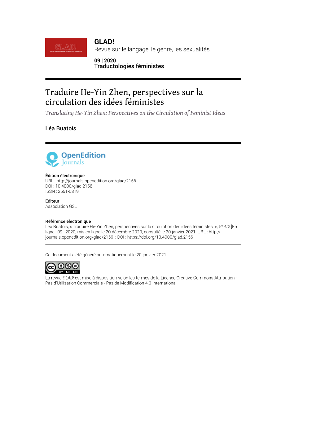 Traduire He-Yin Zhen, Perspectives Sur La Circulation Des Idées Féministes Translating He-Yin Zhen: Perspectives on the Circulation of Feminist Ideas