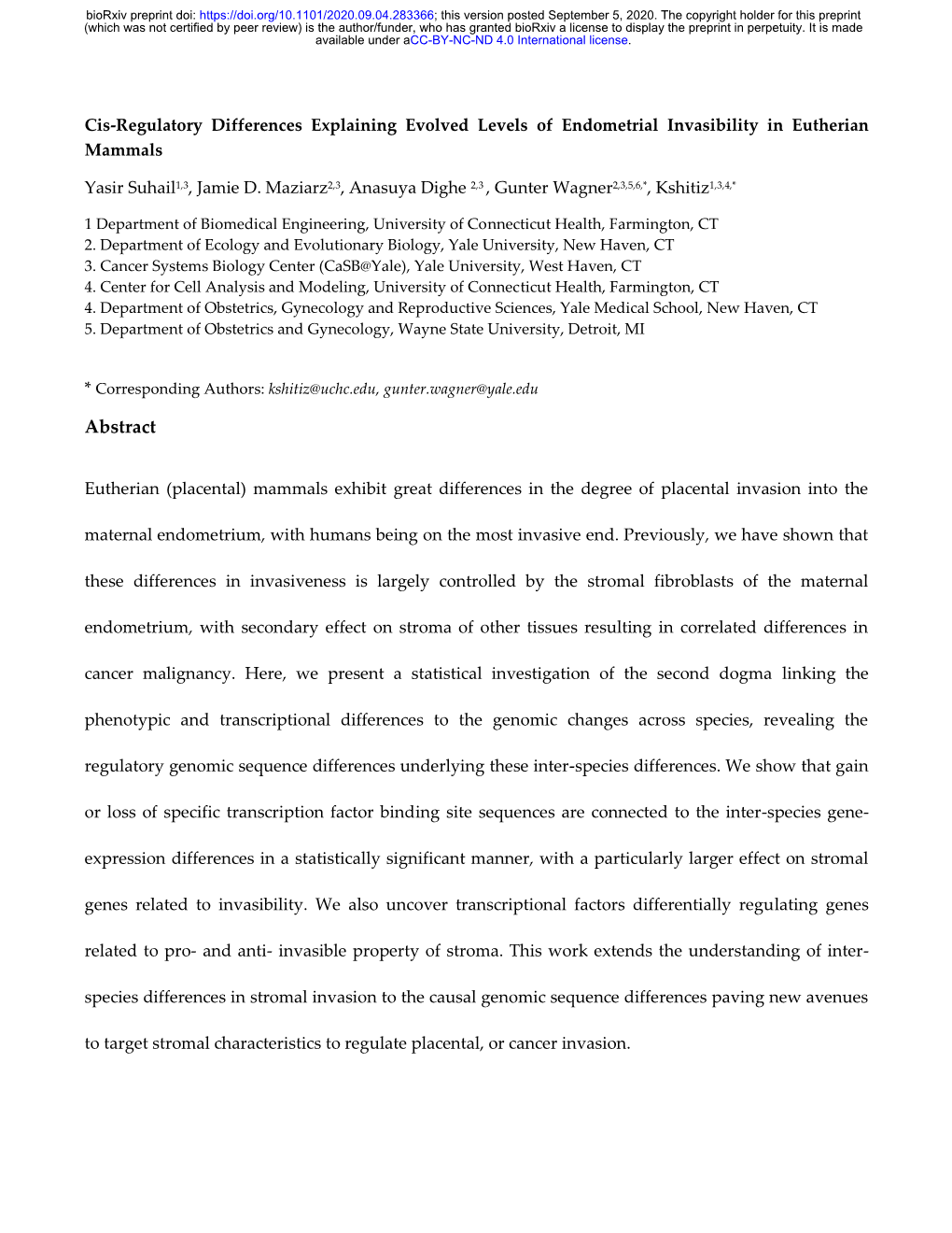 Cis-Regulatory Differences Explaining Evolved Levels of Endometrial Invasibility in Eutherian Mammals