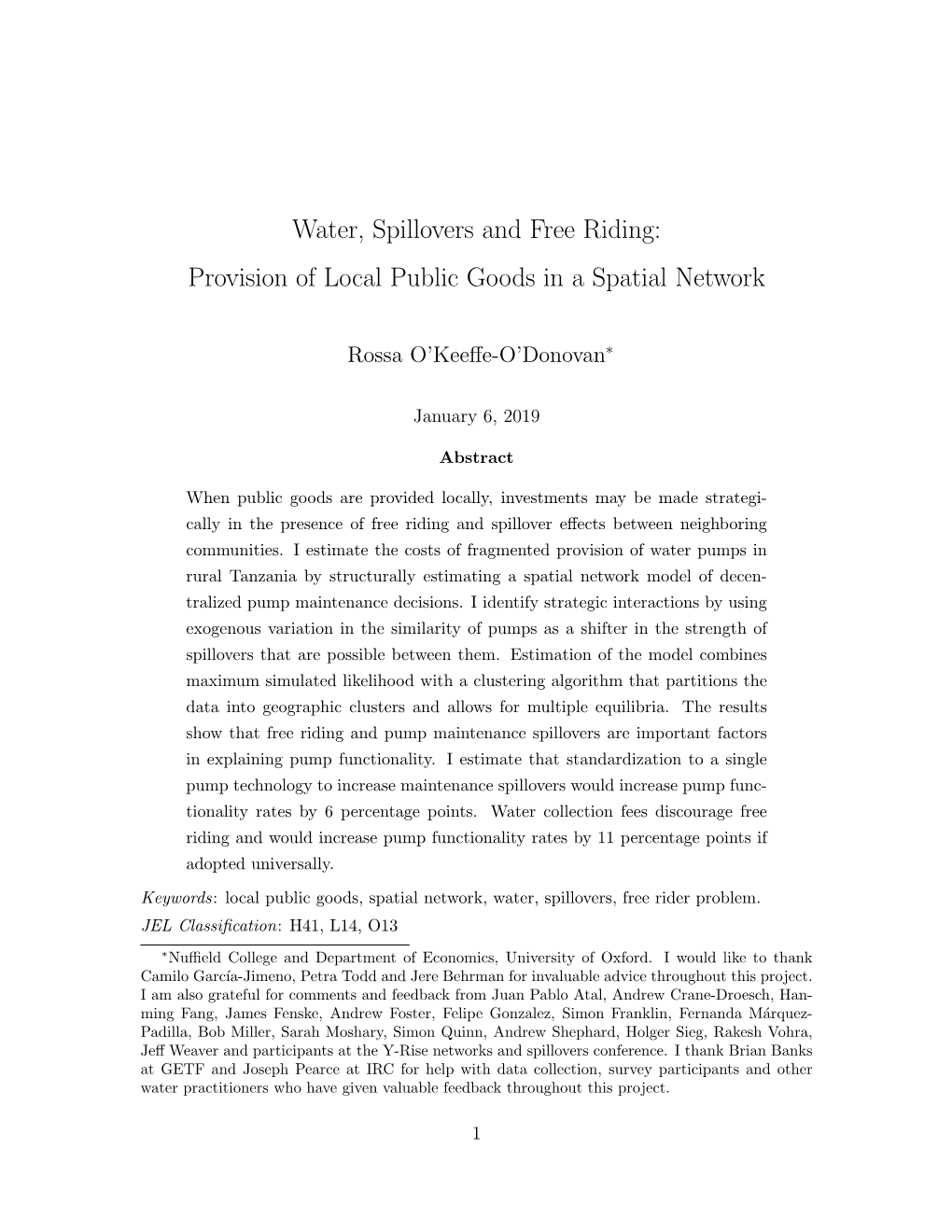 Water, Spillovers and Free Riding: Provision of Local Public Goods in a Spatial Network