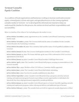 VERMONT CANNABIS EQUITY COALITION Act 164 Formation Guide Vermont Cannabis ACT 164 Formation Guide Equity Coalition