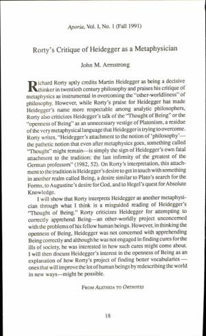 Rorty's Critique of Heidegger As a Metaphysician