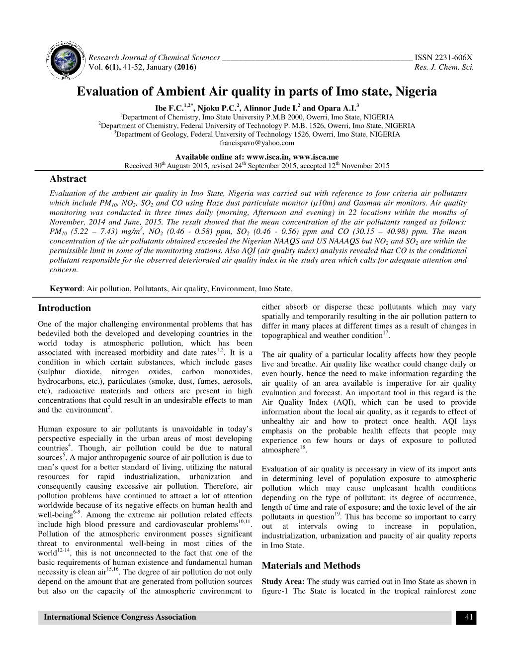 Evaluation of Ambient Air Quality in Parts of Imo State, Nigeria