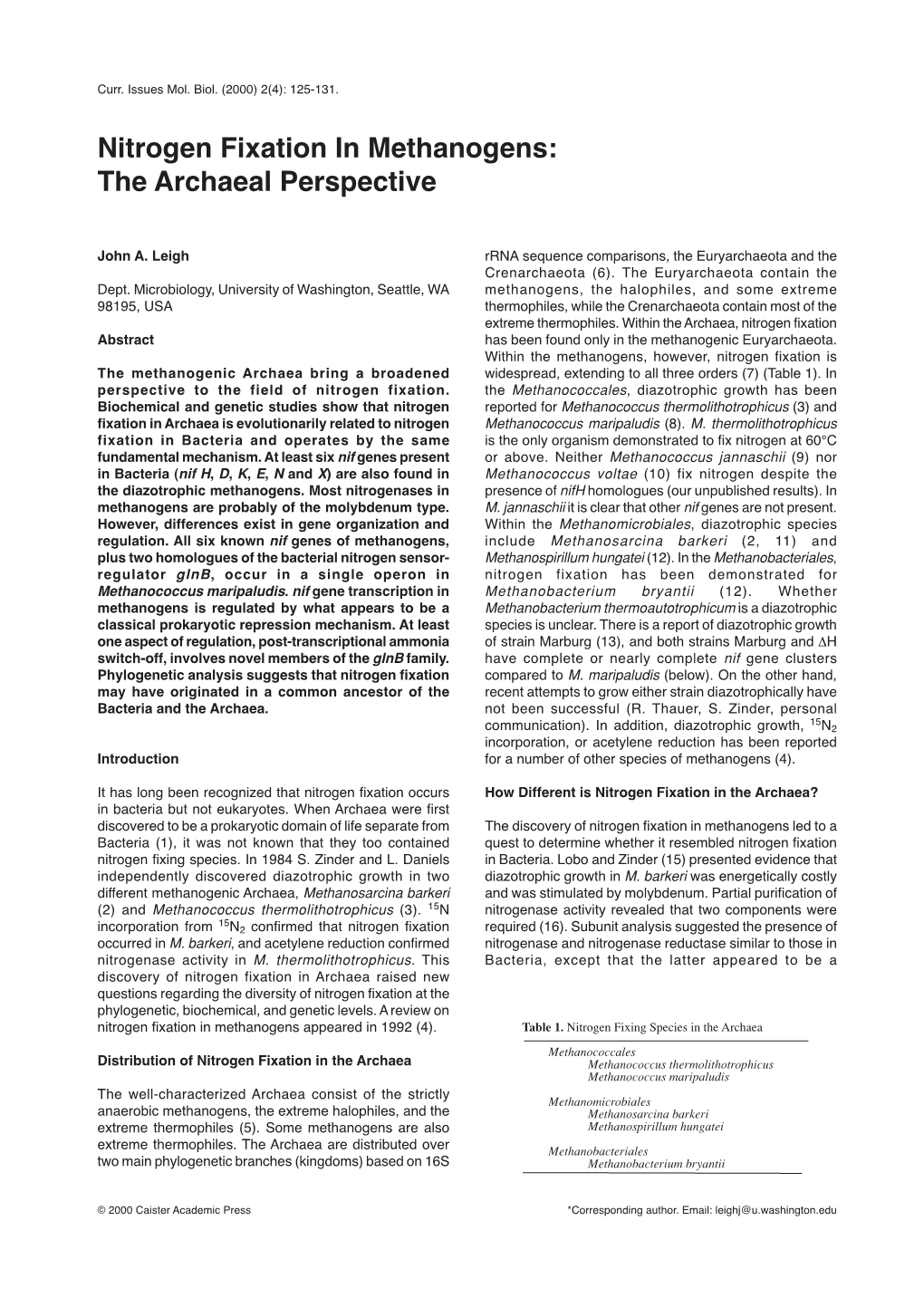 Nitrogen Fixation in Methanogens: the Archaeal Perspective