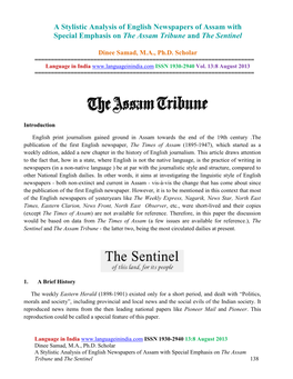 A Stylistic Analysis of English Newspapers of Assam with Special Emphasis on the Assam Tribune and the Sentinel