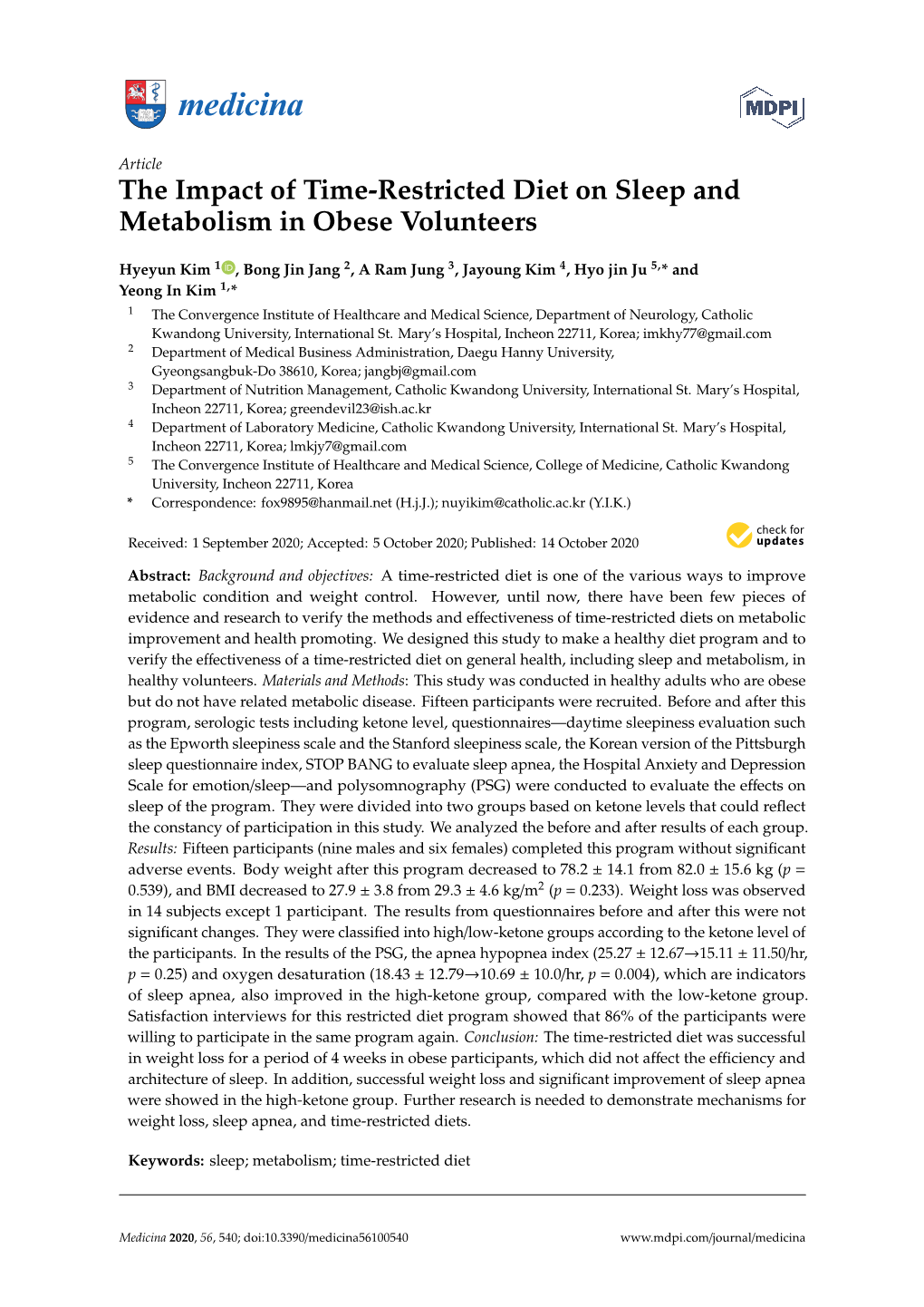 The Impact of Time-Restricted Diet on Sleep and Metabolism in Obese Volunteers