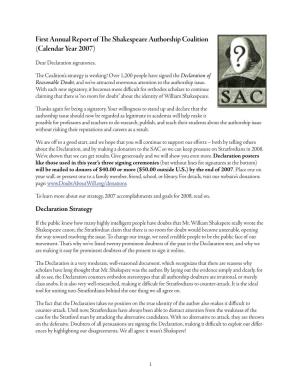 First Annual Report of E Shakespeare Authorship Coalition (Calendar