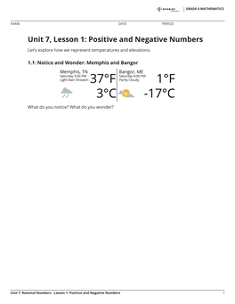 Unit 7, Lesson 1: Positive and Negative Numbers