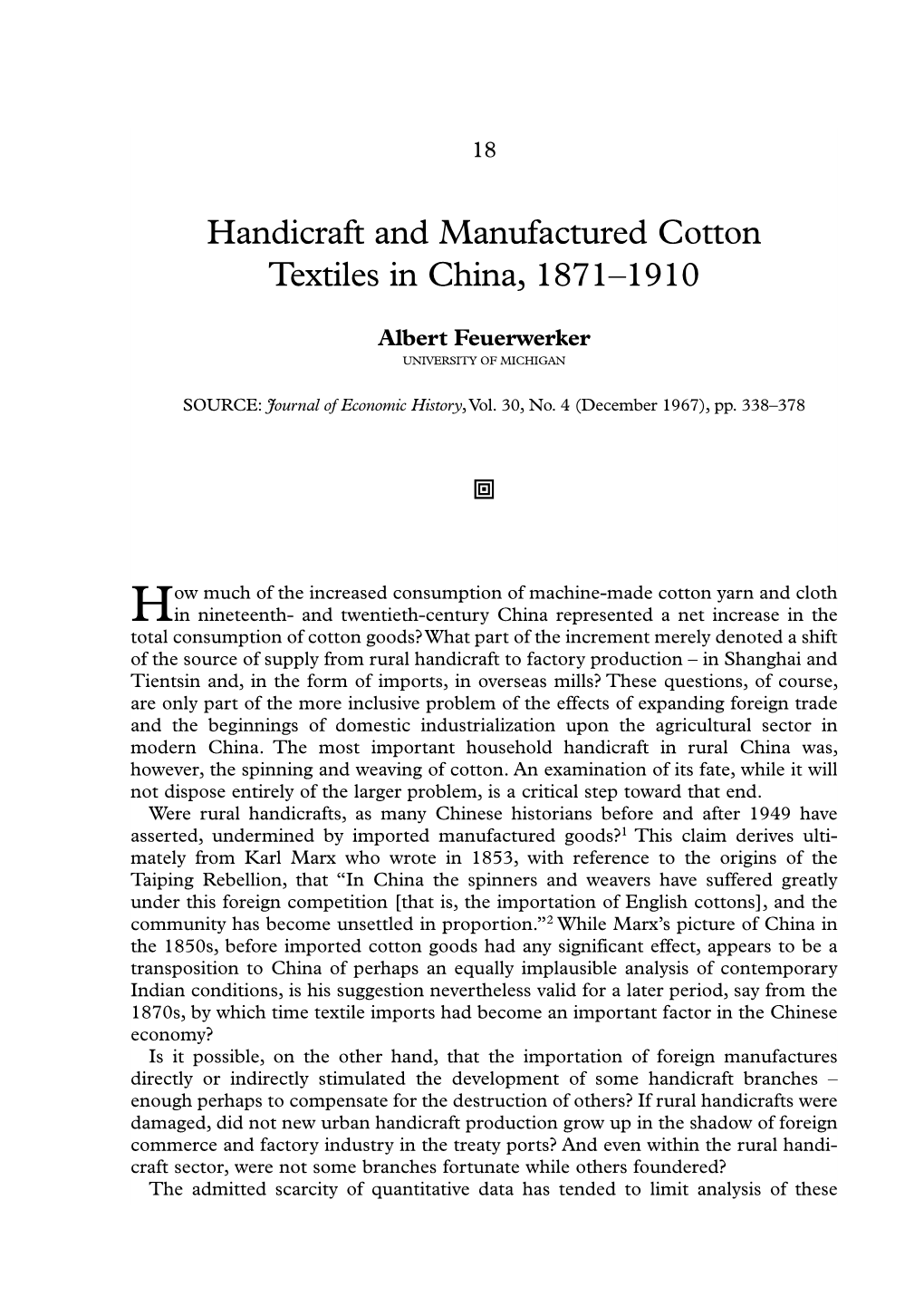 Handicraft and Manufactured Cotton Textiles in China, 1871–1910