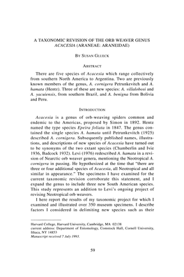 A Taxonomic Revision of the Orb Weaver Genus Acacesia (Araneae: Araneidae)