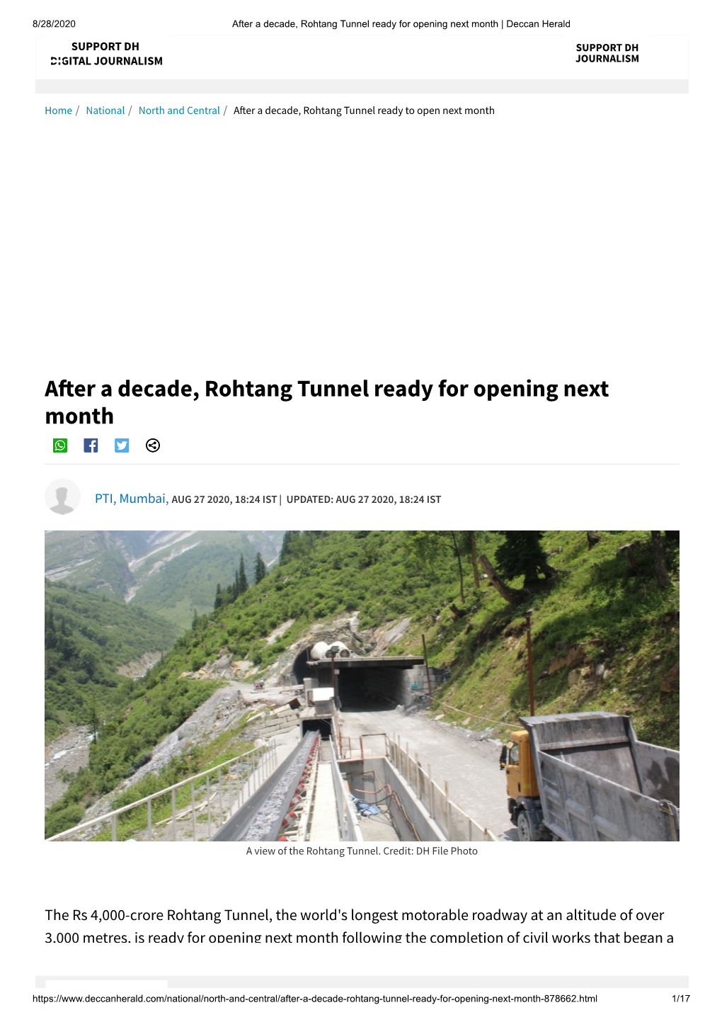 A Er a Decade, Rohtang Tunnel Ready for Opening Next Month