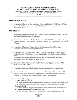 Of 2 DAWSON COUNTY BOARD of COMMISSIONERS WORK SESSION AGENDA