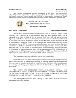 This Offering Memorandum Provides Information on the Notes. for Convenience, Selected Information Is Presented on This Cover Page