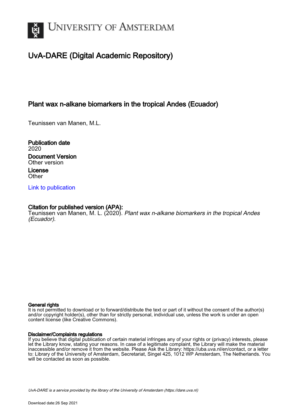 Plant Wax N-Alkane Biomarkers in the Tropical Andes (Ecuador)