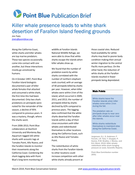 Killer Whale Presence Leads to White Shark Desertion of Farallon Island Feeding Grounds Jim Tietz Jtietz@Pointblue.Org