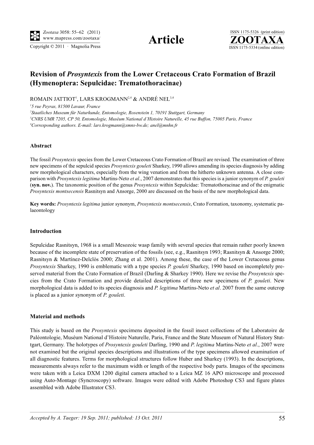 Revision of Prosyntexis from the Lower Cretaceous Crato Formation of Brazil (Hymenoptera: Sepulcidae: Trematothoracinae)