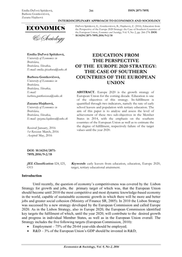 Education from the Perspective of the Europe 2020 Strategy: the Case of Southern Countries of the European Union, Economics and Sociology, Vol