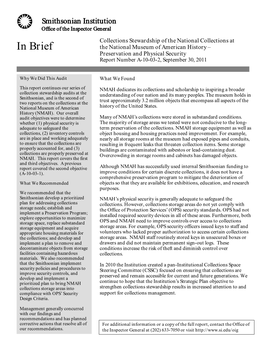 In Brief the National Museum of American History – Preservation and Physical Security Report Number A-10-03-2, September 30, 2011